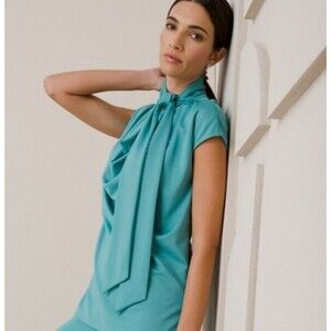 NWT Chico's Black Label Cowl Neck Top Dressy Shirt Tunic Tie Neck Bow Blue Large
